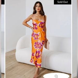 VICI ISLAND DATES SATIN FLORAL COWL NECK MIDI DRESS